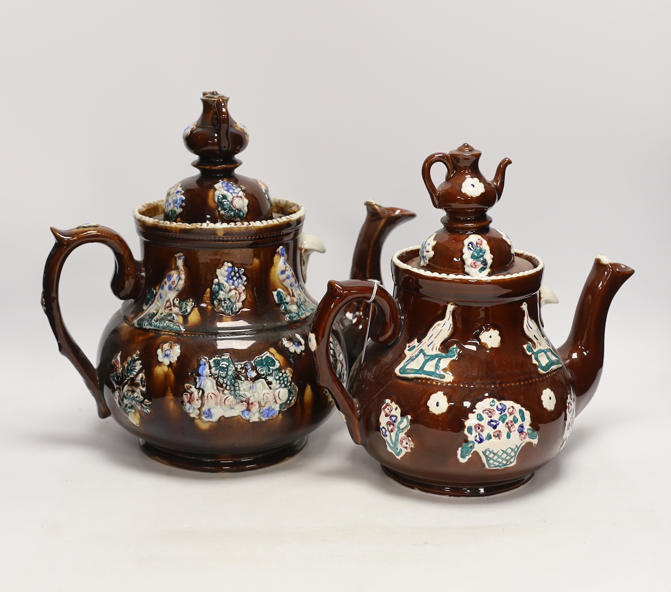 A late 19th century Measham barge ware teapot and cover, 31.5cm high, together with a reproduction - Image 2 of 4