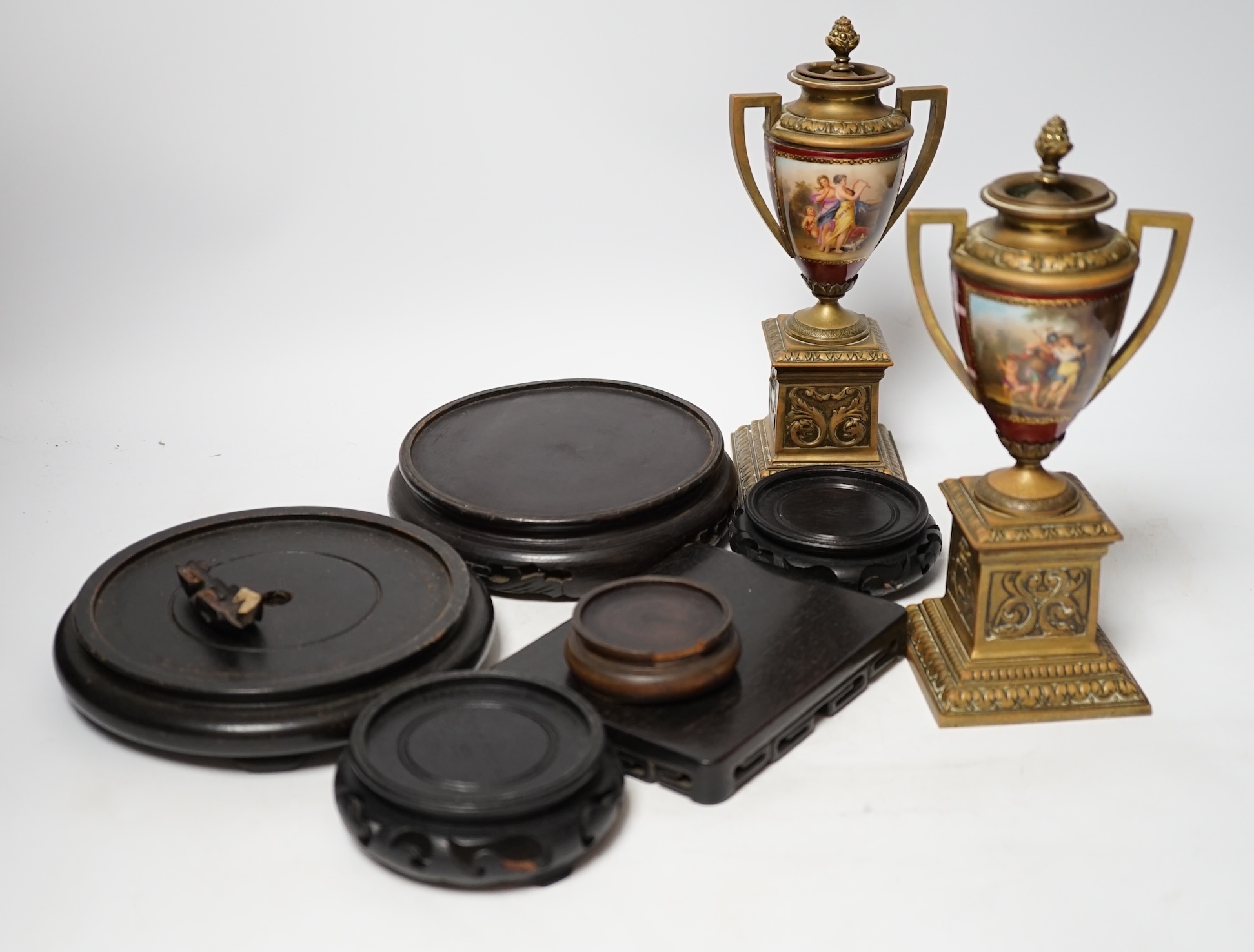 A pair of Vienna style brass mounted urns with enamelled classical scenes and six various Chinese