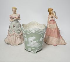 A bisque planter and a pair of Coalport figures, figures 21cm high