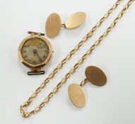 A pair of 9ct gold oval cufflinks, a modern 9ct gold chain, 12.2 grams and a 9ct gold wrist watch (