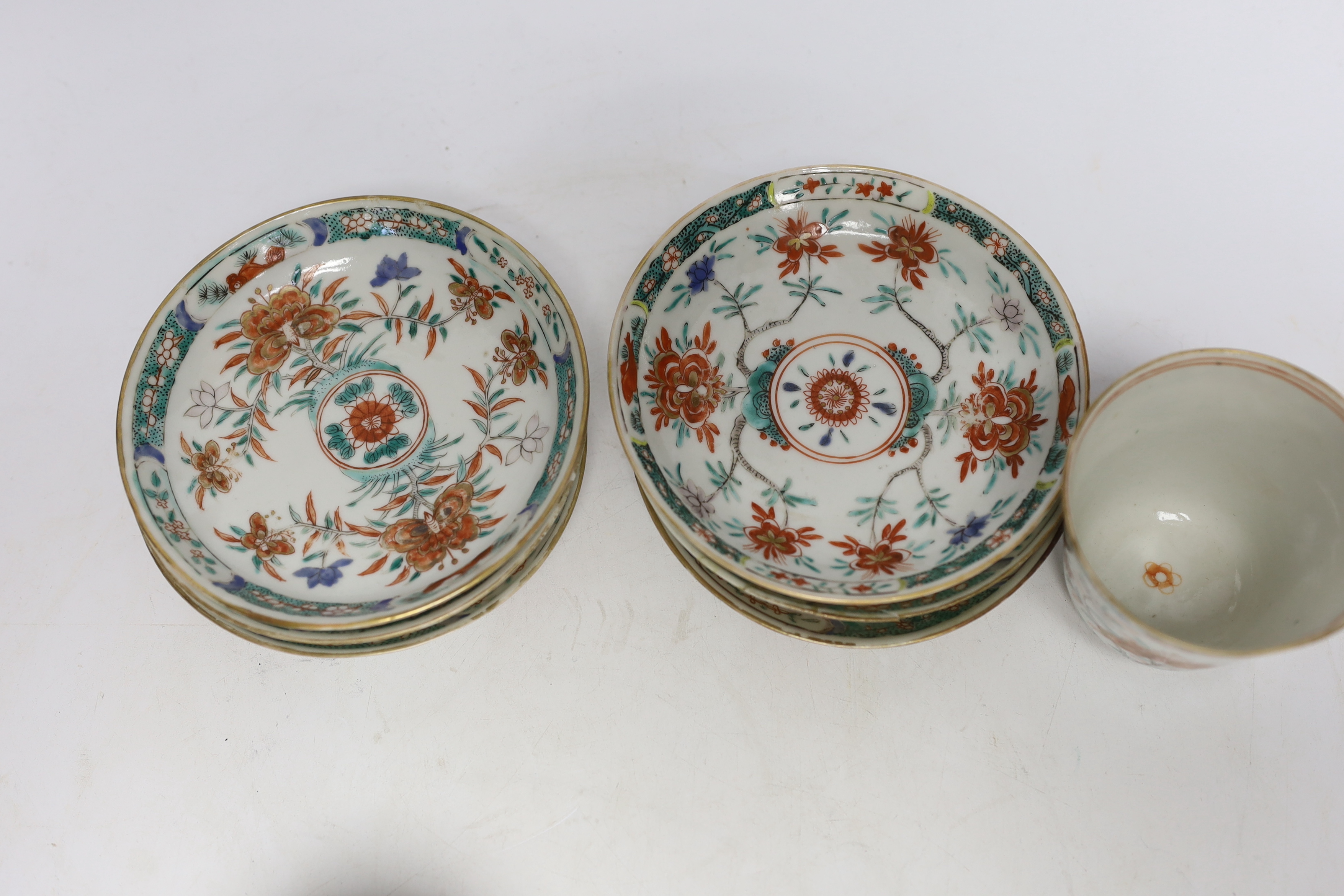 A set of six early 18th century Chinese cups and saucers with Dutch enamelled decoration, c.1710, - Image 4 of 6