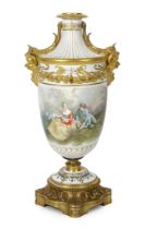 A large French porcelain and ormolu mounted vase, late 19th century, painted with courting couples