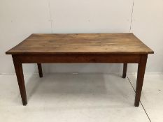 A 19th century French rectangular oak kitchen table, width 150cm, depth 79cm, height 73cm