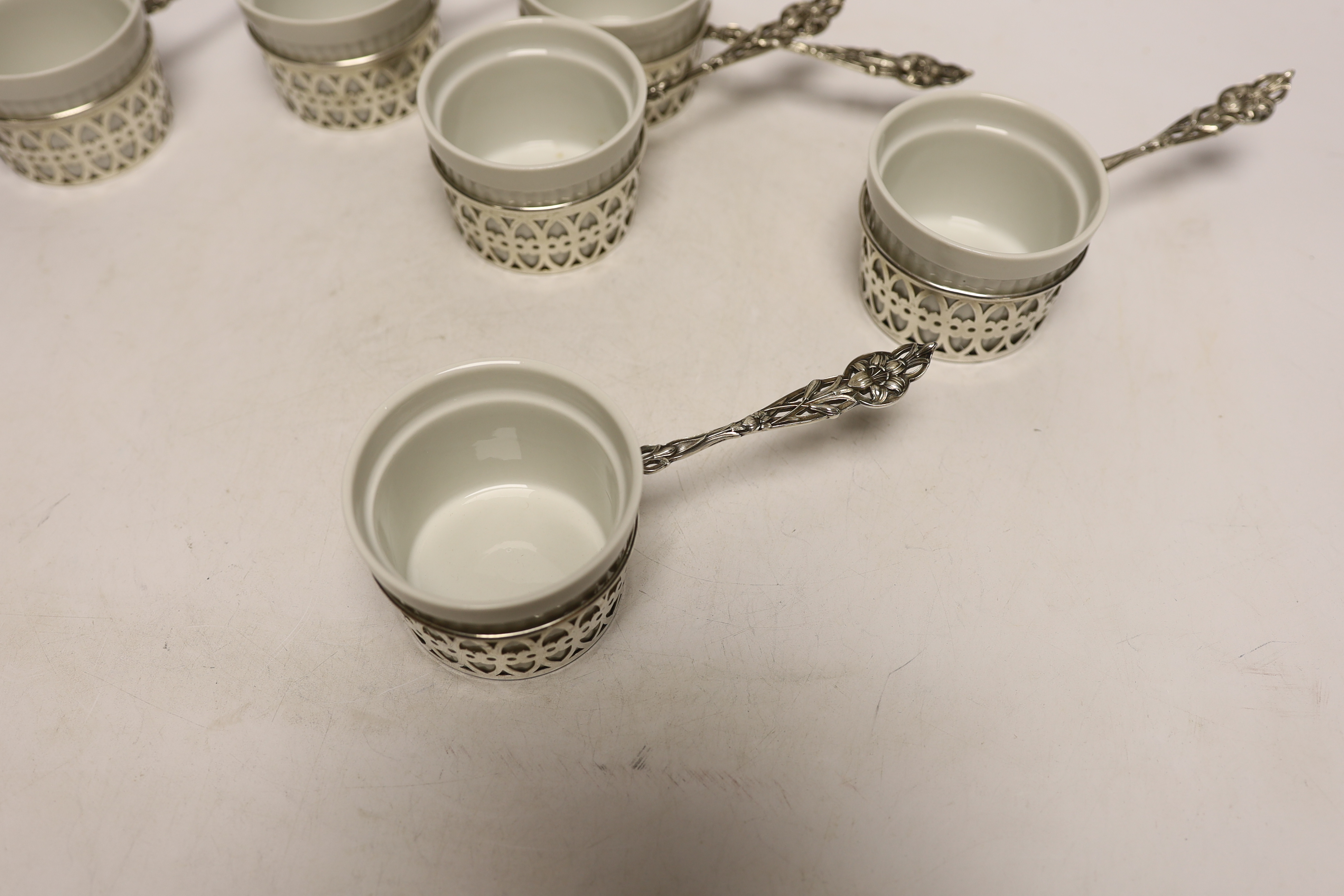 A set of six American sterling mounted handled ceramic soufflé holders, length 17cm. - Image 2 of 3