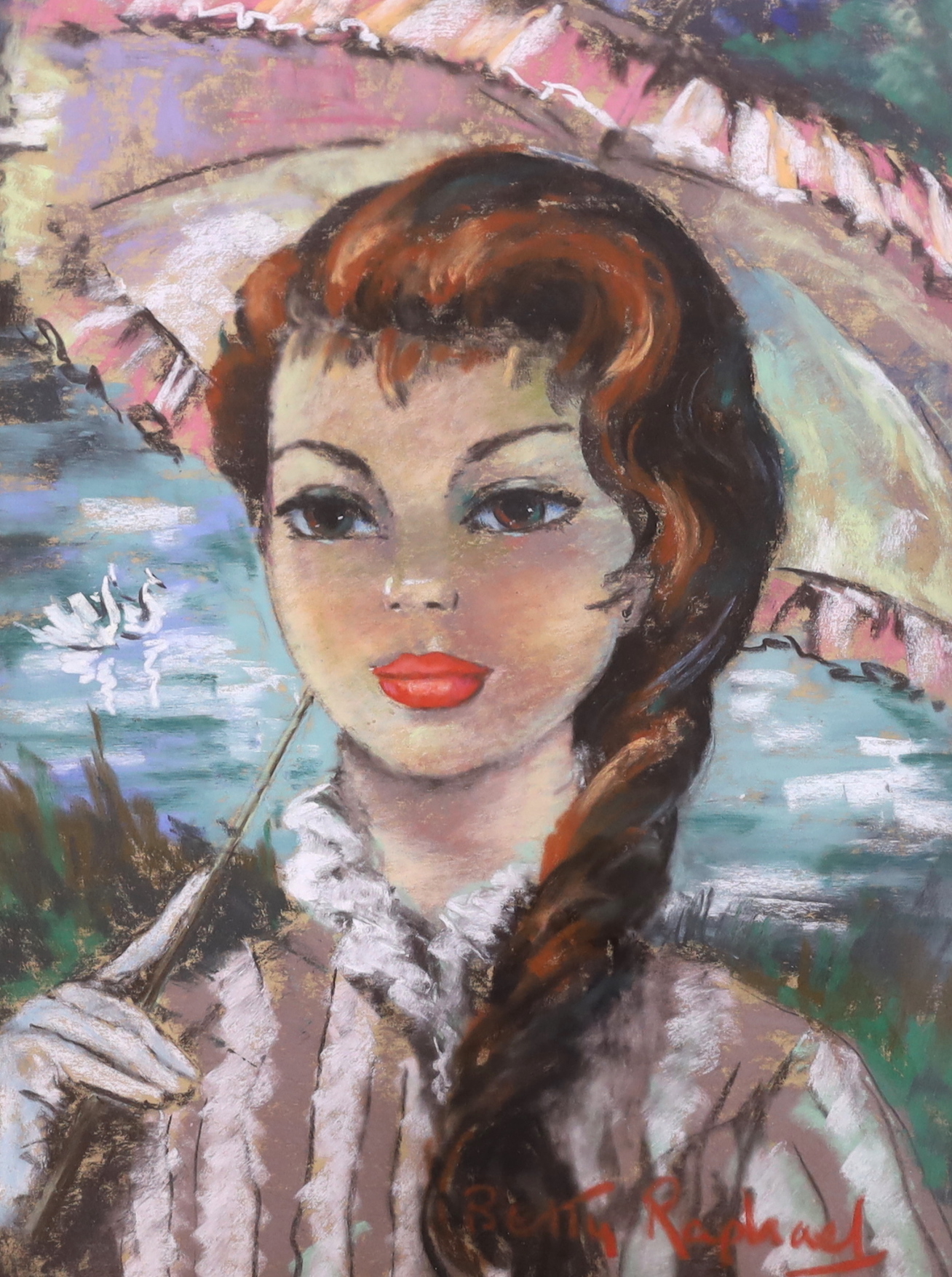 Betty Raphael (20th.C), pair of pastels, Portraits of young women holding parasols, each signed, - Image 3 of 3