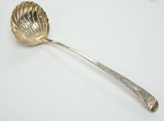 A George III Irish silver Old English pattern soup ladle, Michael Homer?, Dublin, 1775, 36cm, 7.