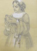 20th century School, heightened charcoal, Young girl holding a dove, monogrammed G G and dated 1935,
