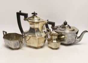 A 1930's silver four piece tea set with ebonised handles, Viners Ltd, Sheffield,, 1932, gross weight