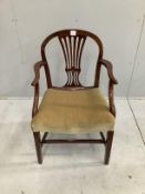 A George III and later mahogany elbow chair, width 61cm, depth 49cm, height 94cm
