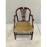 A George III and later mahogany elbow chair, width 61cm, depth 49cm, height 94cm