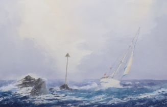 Alan Stark (20th. C) heightened watercolour, Yacht at sea, 31 x 48cm