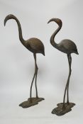 A pair of brass cranes, a pair of brass chamber sticks another chamberstick and a bowl, tallest 53cm