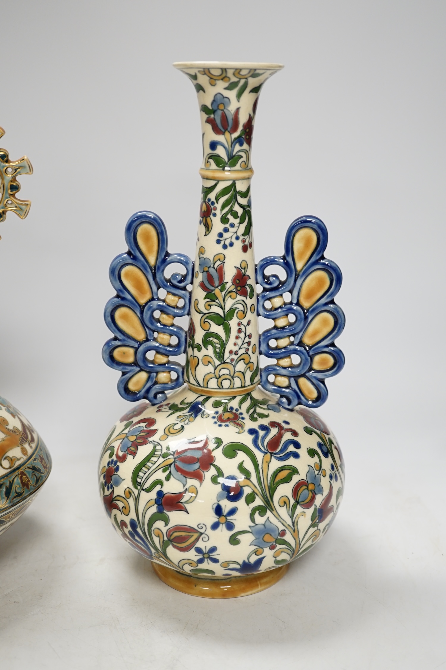 Two Hungarian Zsolnay vases, each with pierced decoration, largest 28cm high - Image 3 of 5