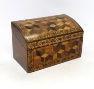 A Tunbridgeware specimen perspective cube marquetry stationary box, 21cm wide, 11cm deep, 13cm high