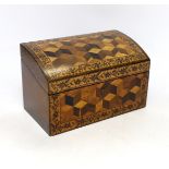 A Tunbridgeware specimen perspective cube marquetry stationary box, 21cm wide, 11cm deep, 13cm high