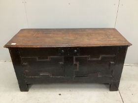 An 18th century oak coffer, width 123cm, depth 50cm, height 61cm