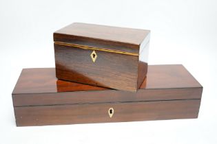 A 19th century mahogany glove box, three pairs of kid leather gloves and a rosewood tea caddy