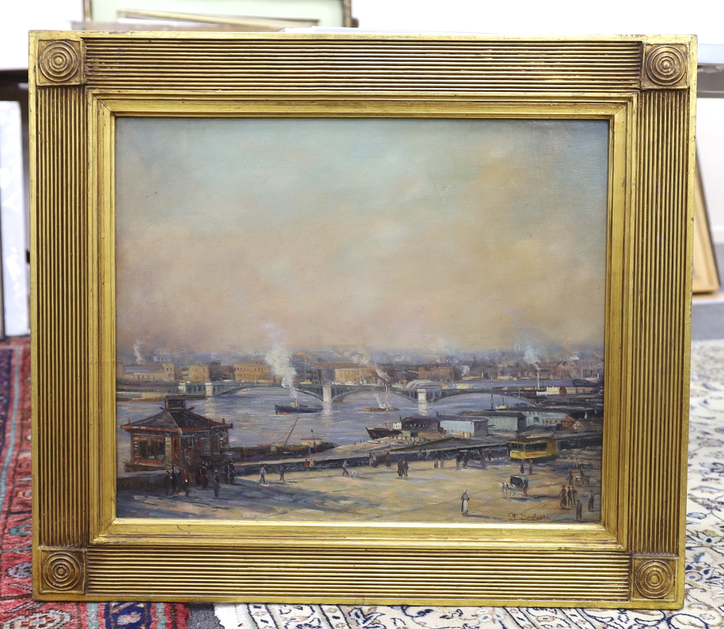J. Desotta, oil on canvas board, City riverscape, signed, 49 x 59cm - Image 4 of 6