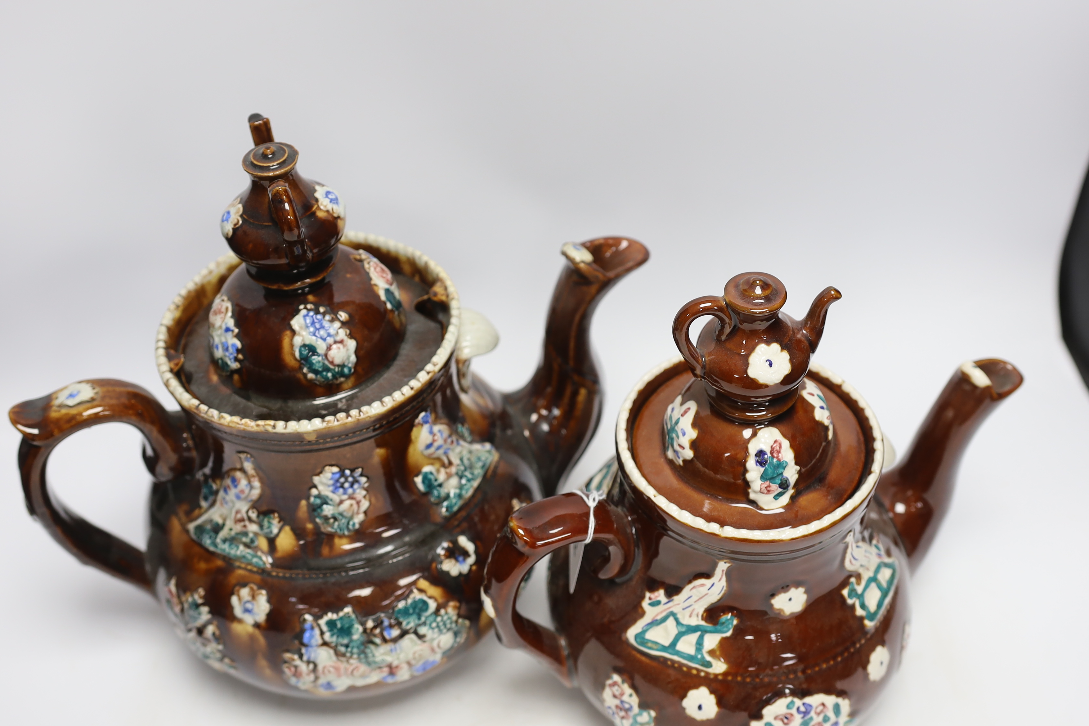 A late 19th century Measham barge ware teapot and cover, 31.5cm high, together with a reproduction - Image 3 of 4