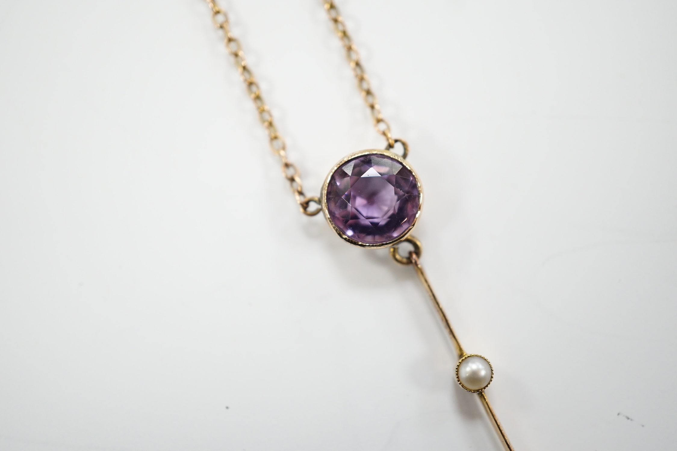 An Edwardian 9ct, two stone amethyst and single stone seed pearl set drop pendant necklace, gross - Image 7 of 9