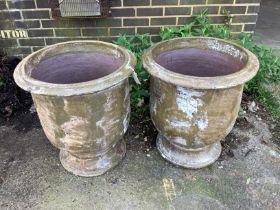 A pair of large circular glazed earthenware garden planters, diameter 58cm, height 64cm