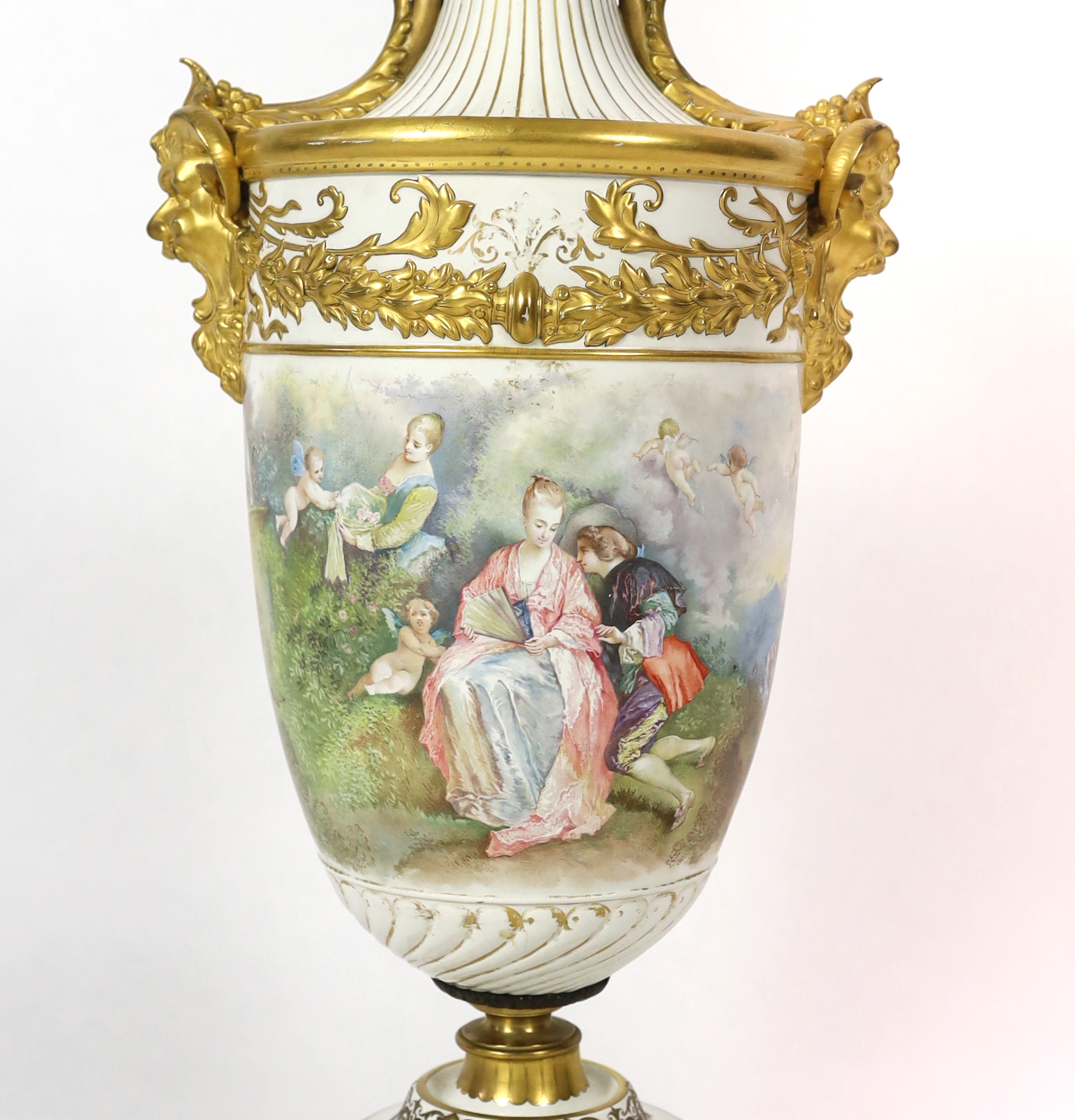 A large French porcelain and ormolu mounted vase, late 19th century, painted with courting couples - Image 4 of 6