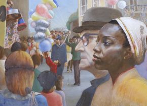 Oil on board, 'Brixton festival scene', unsigned, 34 x 47cm