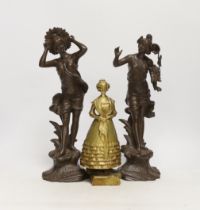 After Arthur Rubinstein, bronze study of a lady and a pair of French spelter figurines, largest 33cm
