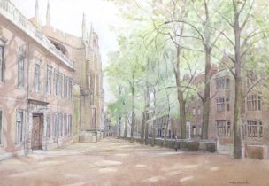 Mabel Annie Spurrier (fl.1920-1940), watercolour, Cambridge street scene, signed, 30 x 44cm