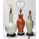 Three Chinese monochrome porcelain lamp bases, 20th century, tallest 38cm high