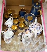 A Collingwood powder blue and gilt bone china part coffee set together with mixed glassware and