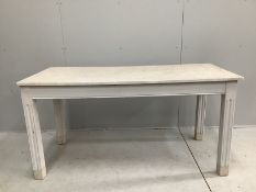 A rectangular painted marble top kitchen table, width 150cm, depth 70cm, height 76cm