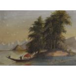 Eastern School, oil on board, Landscape with figure and boat, 12 x 17cm, ornate gilt frame