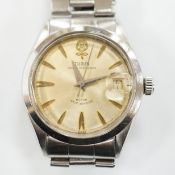 A gentleman's stainless steel Tudor Prince Oysterdate automatic wrist watch, on a stainless steel