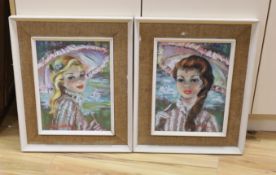 Betty Raphael (20th.C), pair of pastels, Portraits of young women holding parasols, each signed,