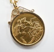 A Victoria 1891 gold sovereign, now in a modern 9ct gold pendant mount, on a yellow metal box link