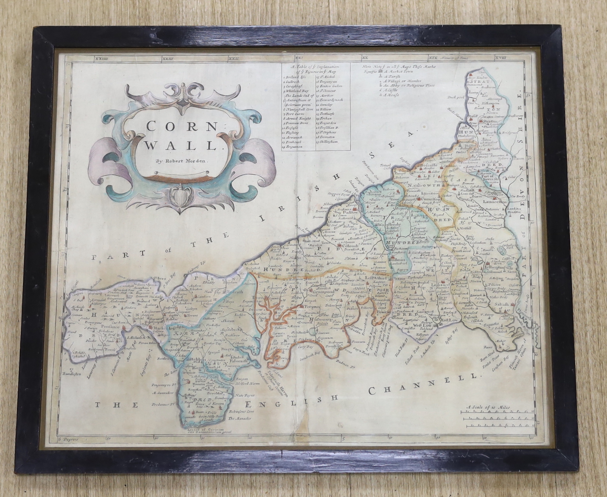 Robert Morden (1650-1703), hand coloured map of Cornwall, 37 x 45cm - Image 2 of 2