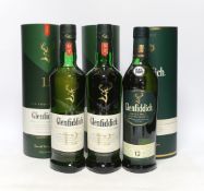 Three bottles of Glenfiddich single malt whisky, aged twelve years
