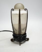 An Art Deco marble urn shaped lamp with decorative stand and crystal dome, 21cm high