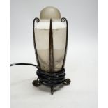 An Art Deco marble urn shaped lamp with decorative stand and crystal dome, 21cm high