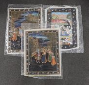 Indian Mughal style, set of three watercolours, Emperor and attendants and figures dancing, 52 x