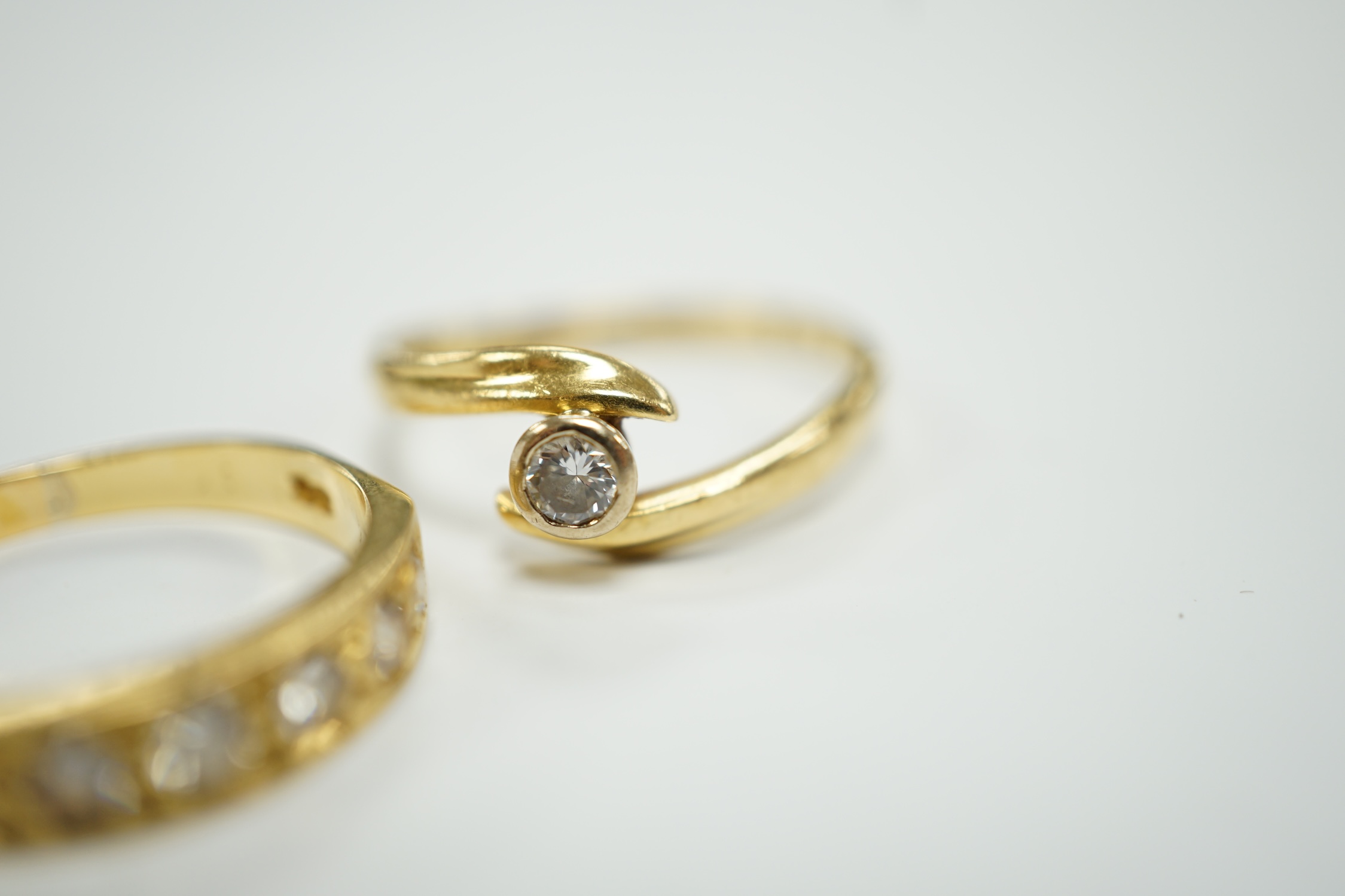 A modern 18ct gold and graduated seven stone diamond set half hoop ring, size O and a similar - Image 5 of 10