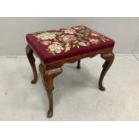 A Queen Anne style walnut dressing stool, width 55cm, depth 43cm, height 47cm