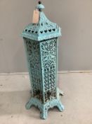 A late 19th century French hexagonal enamelled metal conservatory heater, height 85cm