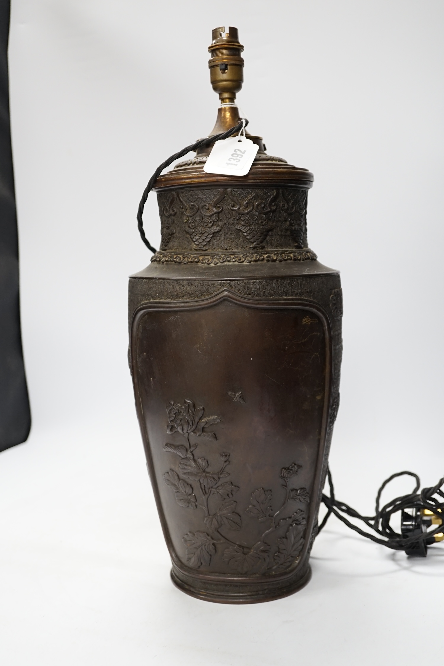 A Japanese bronze vase, converted to a lamp, 52cm high - Image 4 of 4