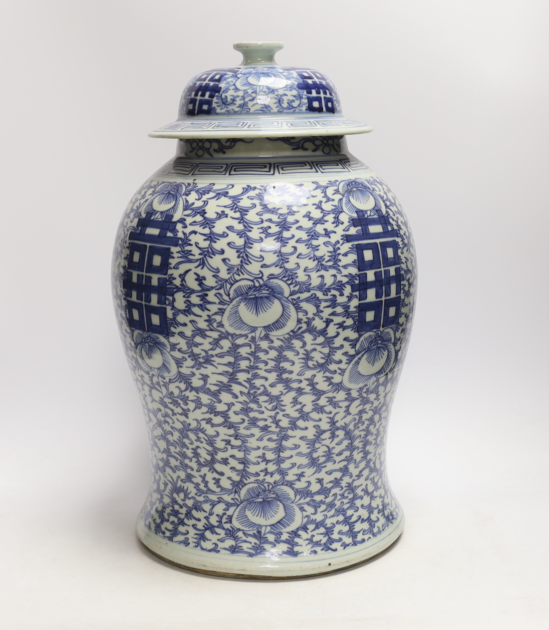 A Chinese blue and white ‘shuangxi’ baluster jar and cover, 43cm high - Image 2 of 6