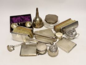 A group of assorted small silver, including a powder jar, trinket box, cigarette case, mirror and