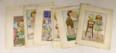Phyllis Purser (1893-1990), six original watercolours on card for postcard designs, Humourous