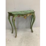 An early 20th century chinoiserie lacquer and green painted serpentine console table, width 93cm,