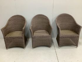 Three all weather rattan garden chairs, width 61cm, depth 50cm, height 89cm